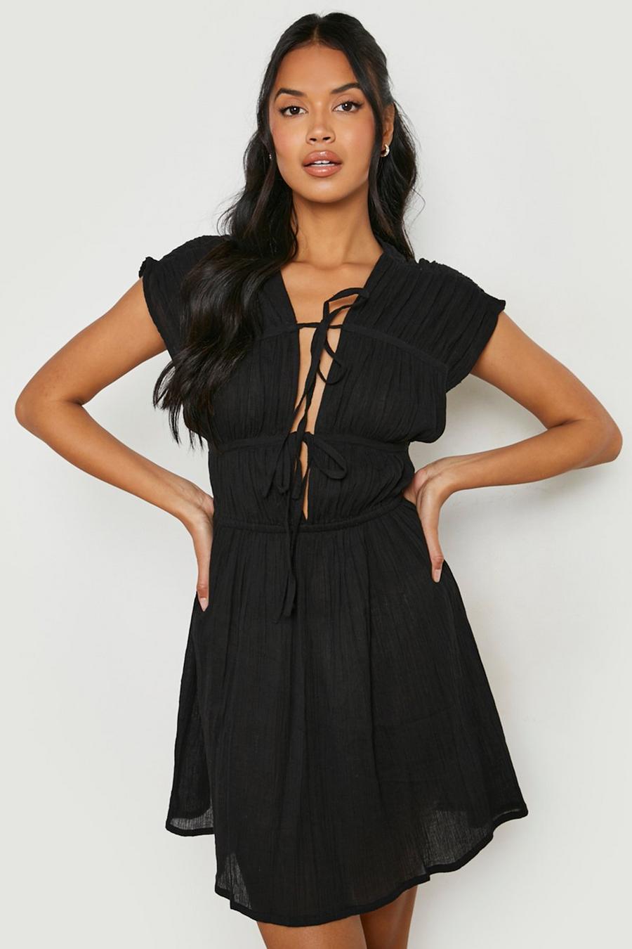 Black Cheesecloth Ruched Skater Dress image number 1