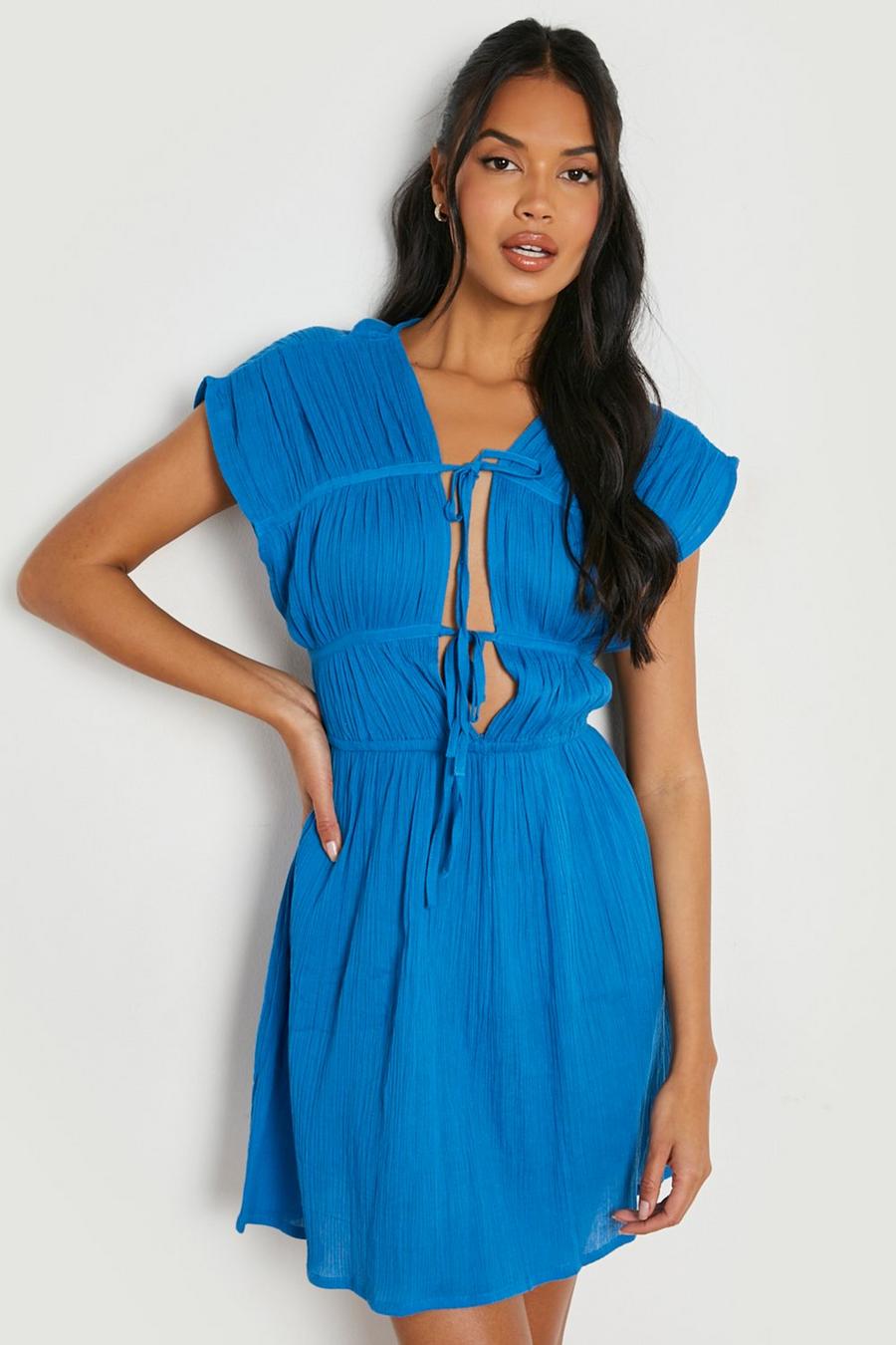 Blue Cheesecloth Ruched Skater Dress