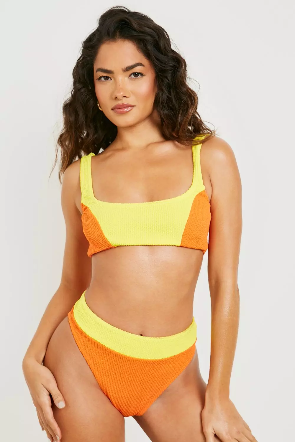 Orange Colour Block Crinkle Scooped Bikini Top alternative image