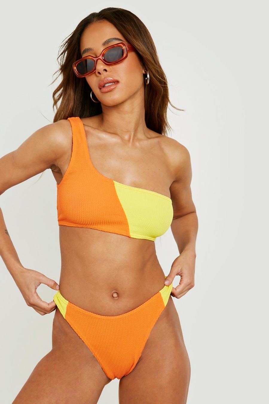 Bas de maillot de bain texturé échancré style color block, Orange