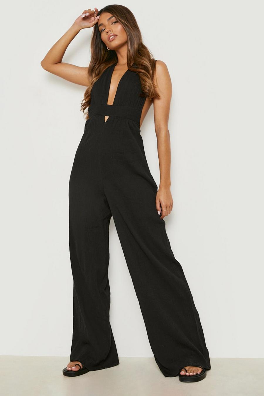 Black Cheesecloth Tie Back Wide Leg Jumpsuit image number 1