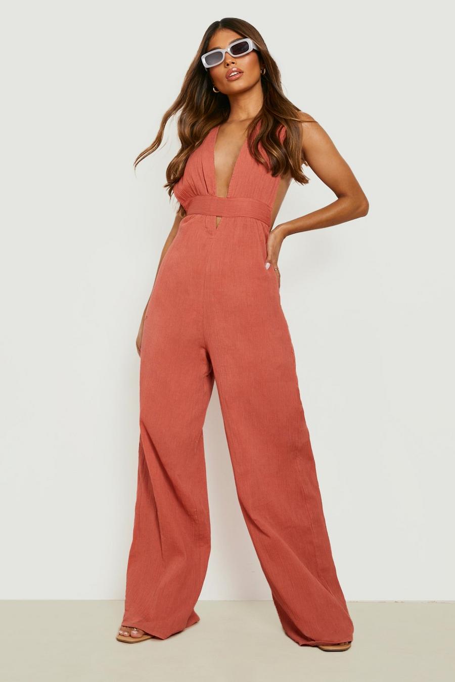 Tan Cheesecloth Tie Back Wide Leg Jumpsuit image number 1