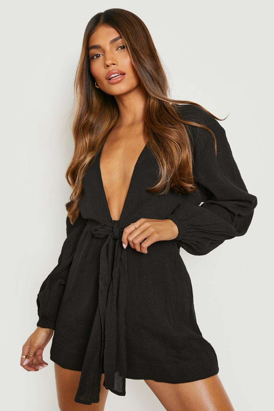 Black Cheesecloth Tie Front Plunge Playsuit image number 1