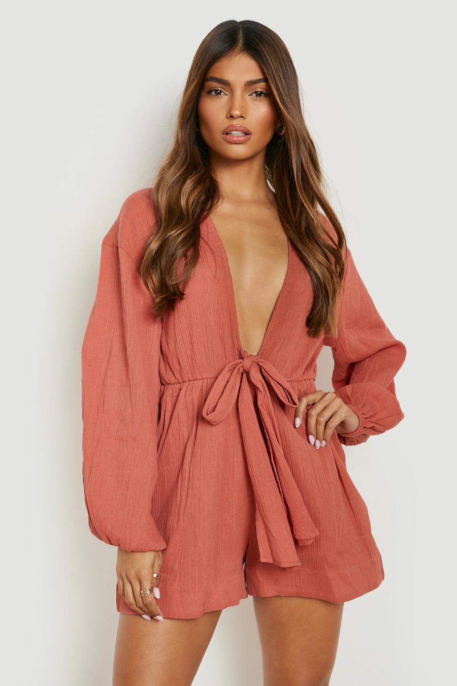 Tan Cheesecloth Tie Front Plunge Playsuit image number 1