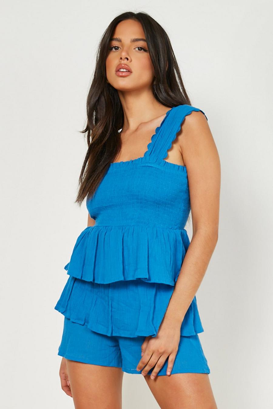 Blue Cheesecloth Tiered Frill Playsuit image number 1