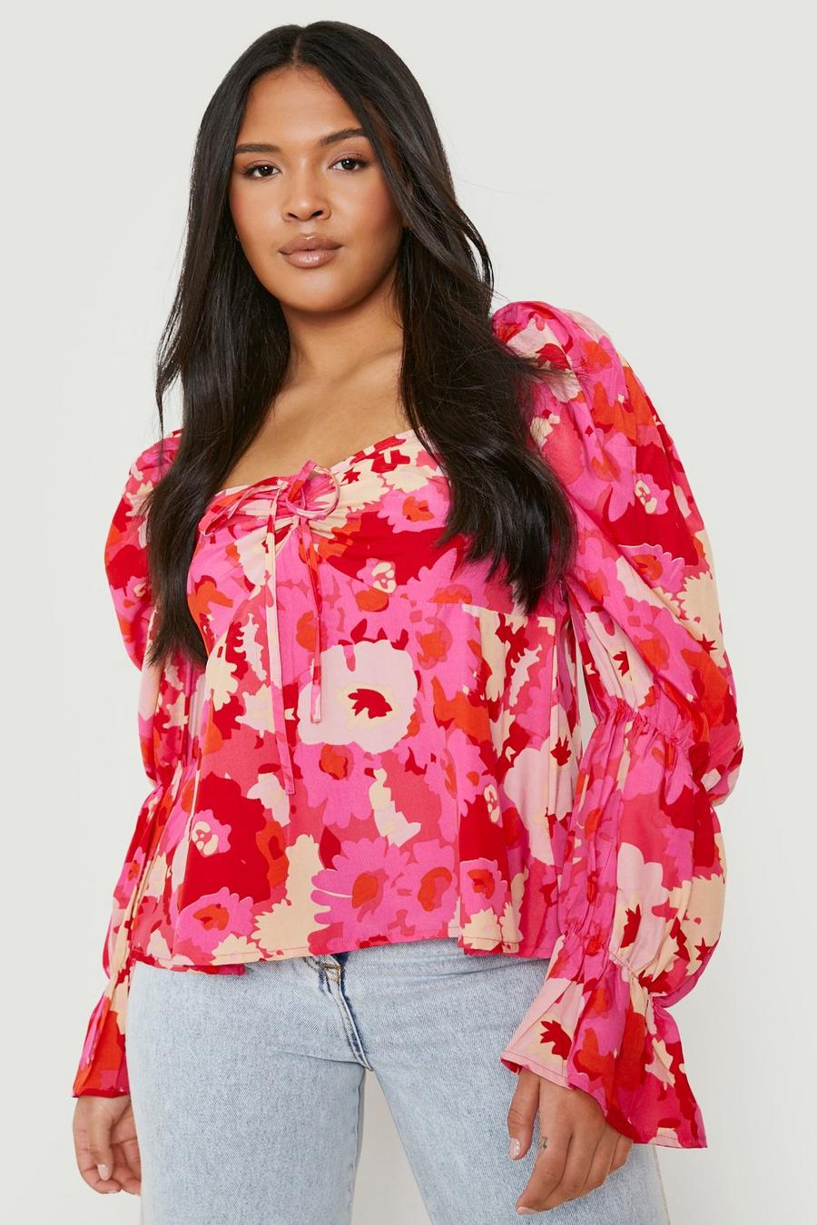 Pink rose Plus Woven Floral Print Puff Sleeve Top