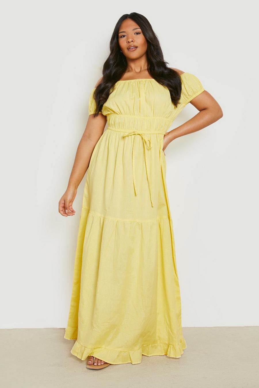 Yellow Plus Woven Off Shoulder Tiered Maxi Dress image number 1
