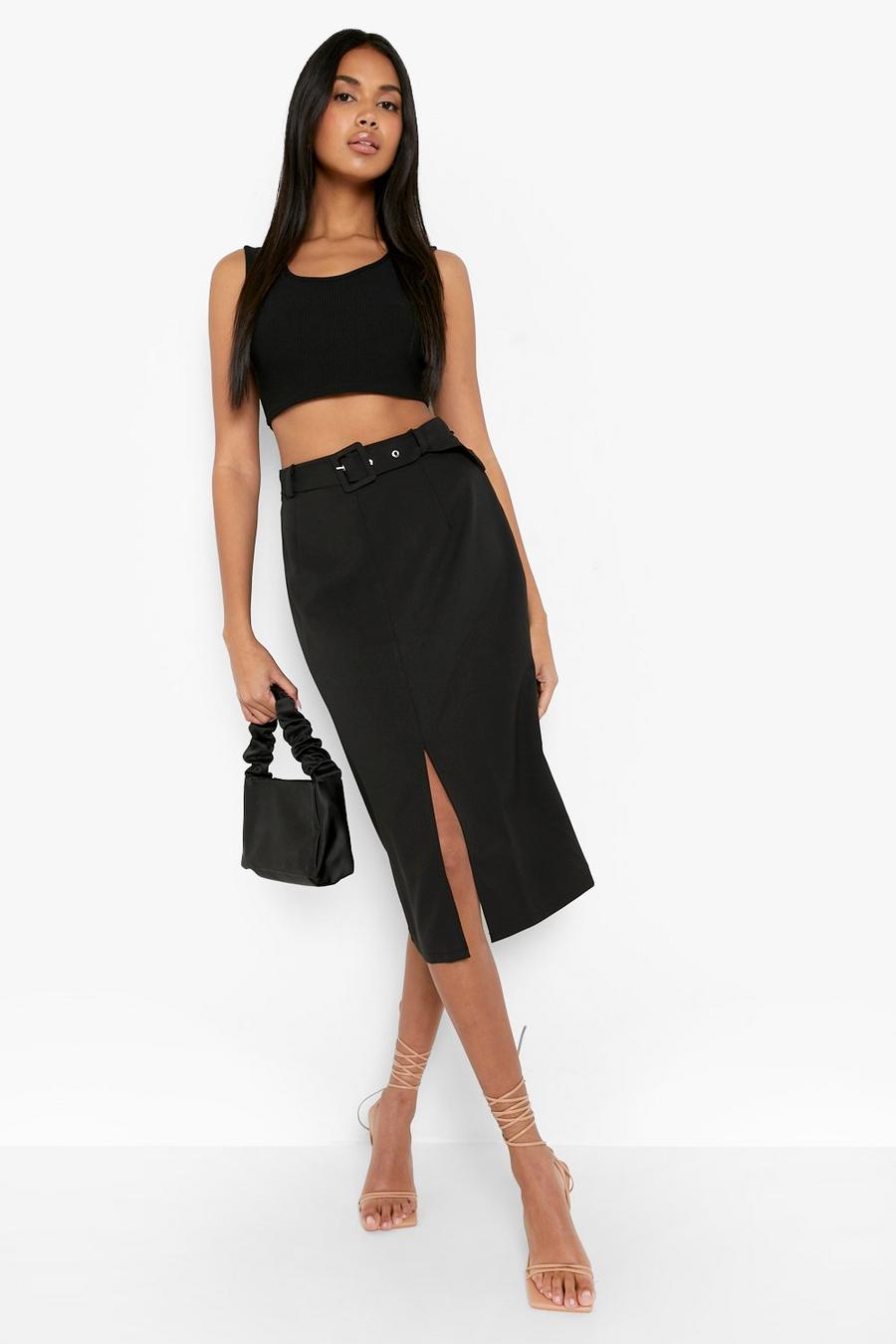 Black Split Front Belted Tailored Woven Midi Skirt image number 1
