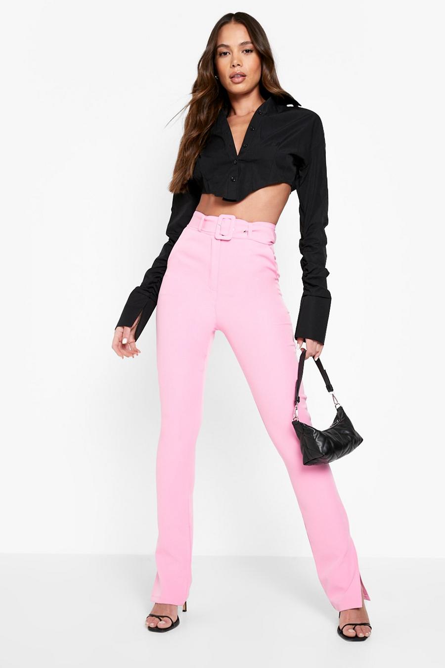 Candy pink rose Belted Woven Split Hem Skinny Trousers