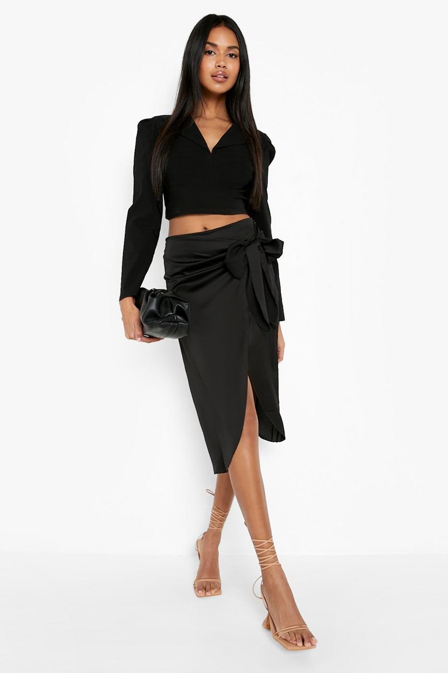 Black Satin Wrap Tie Front Midi Skirt image number 1