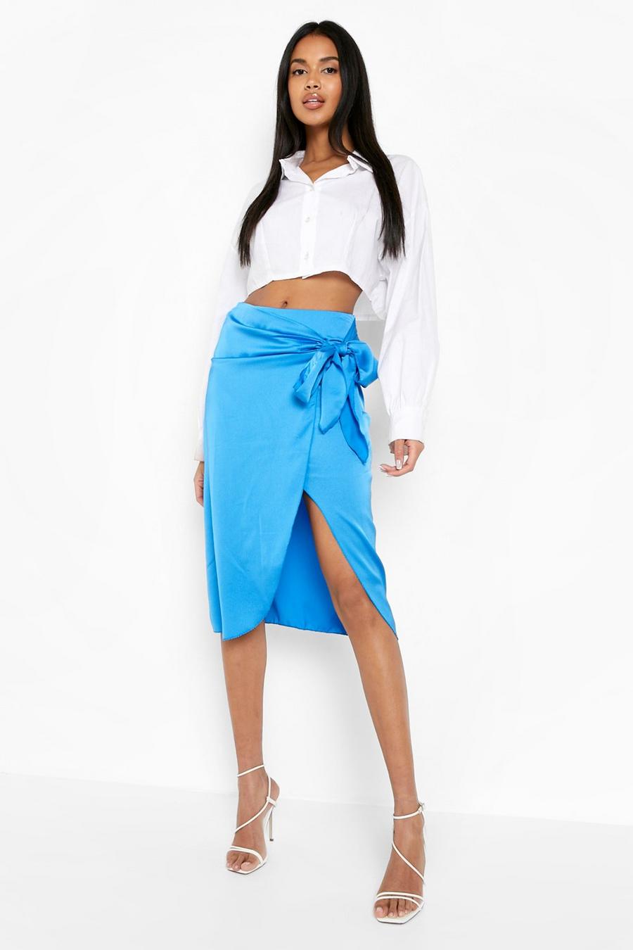 Blue Satin Wrap Tie Front Midi Skirt