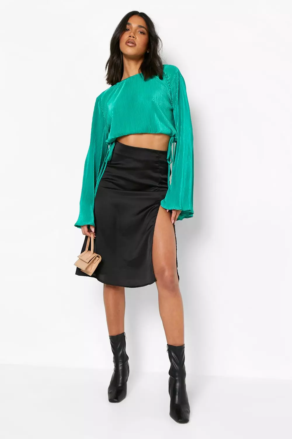 Black Satin Bias Cut Split Side Flowing Midi Skirt alternative image