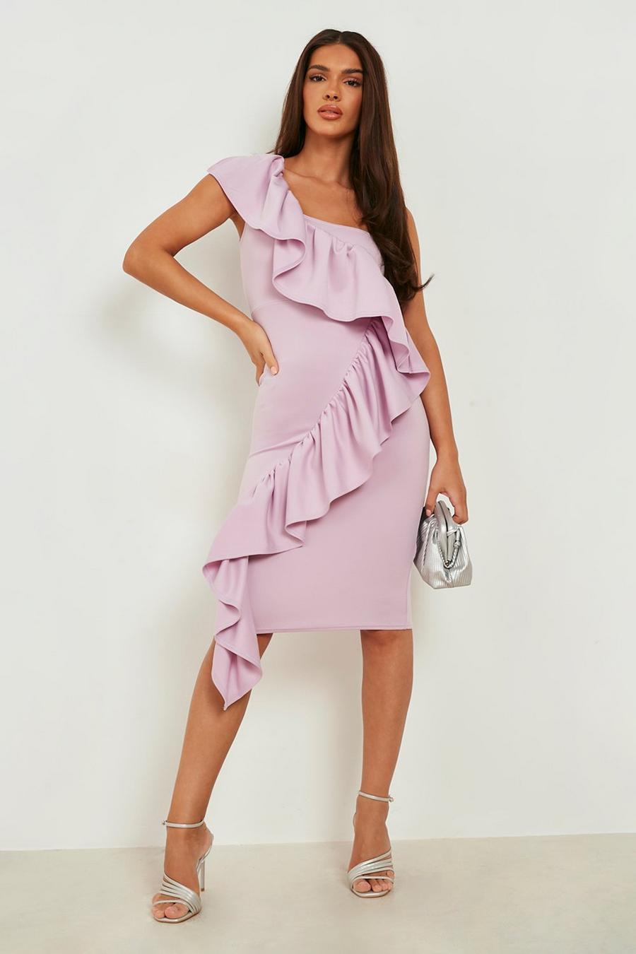 Lilac Scuba One Shoulder Ruffle Midi Dress
