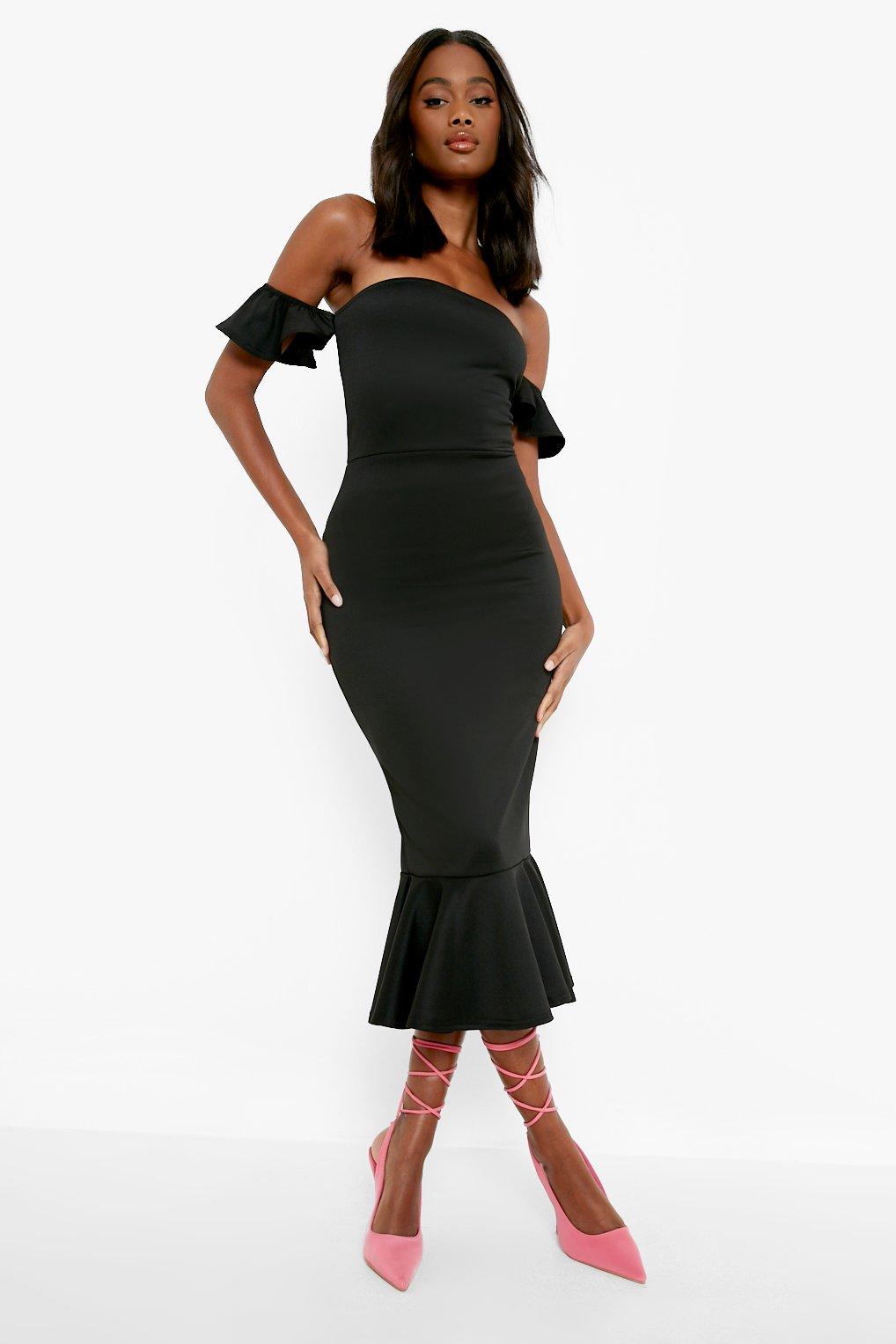 Scuba Off The Shoulder Ruffle Midi Dress