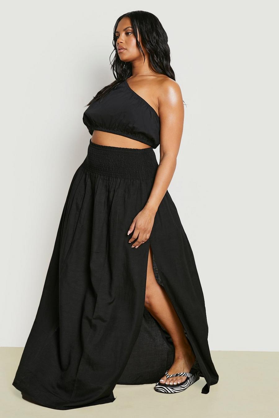 Black Plus Linen Shirred Maxi Beach Skirt image number 1
