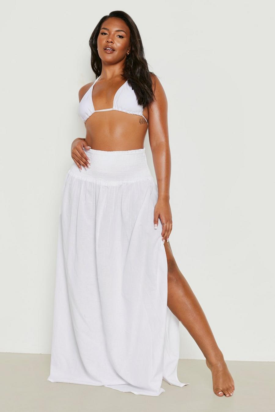 White Plus Linen Shirred Maxi Beach Skirt image number 1