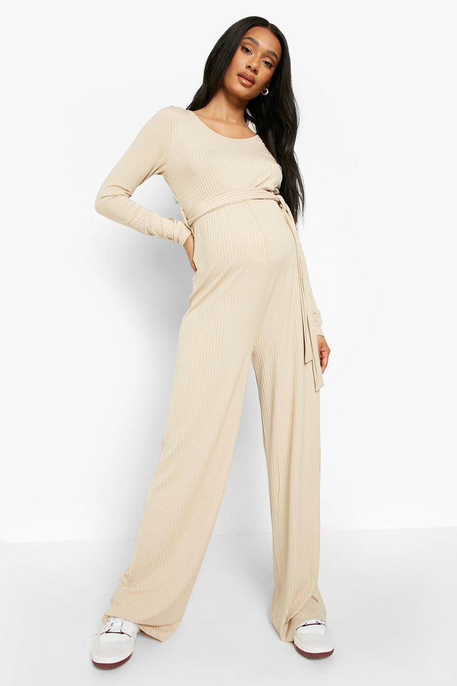 Stone Maternity Rib Long Sleeve Belted Jumpsuit image number 1