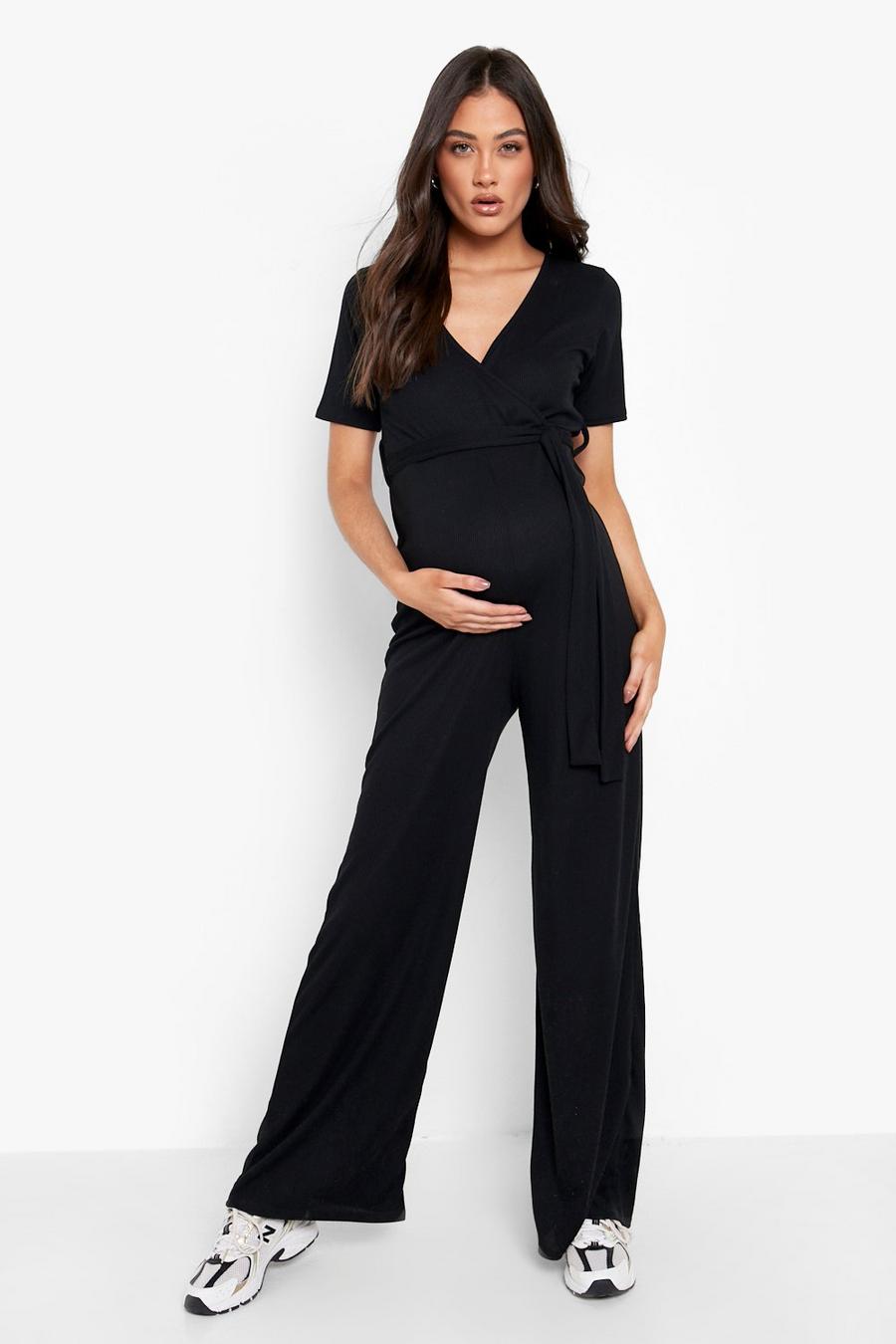 Black schwarz Maternity Rib Wrap Belted Wide Leg Jumpsuit