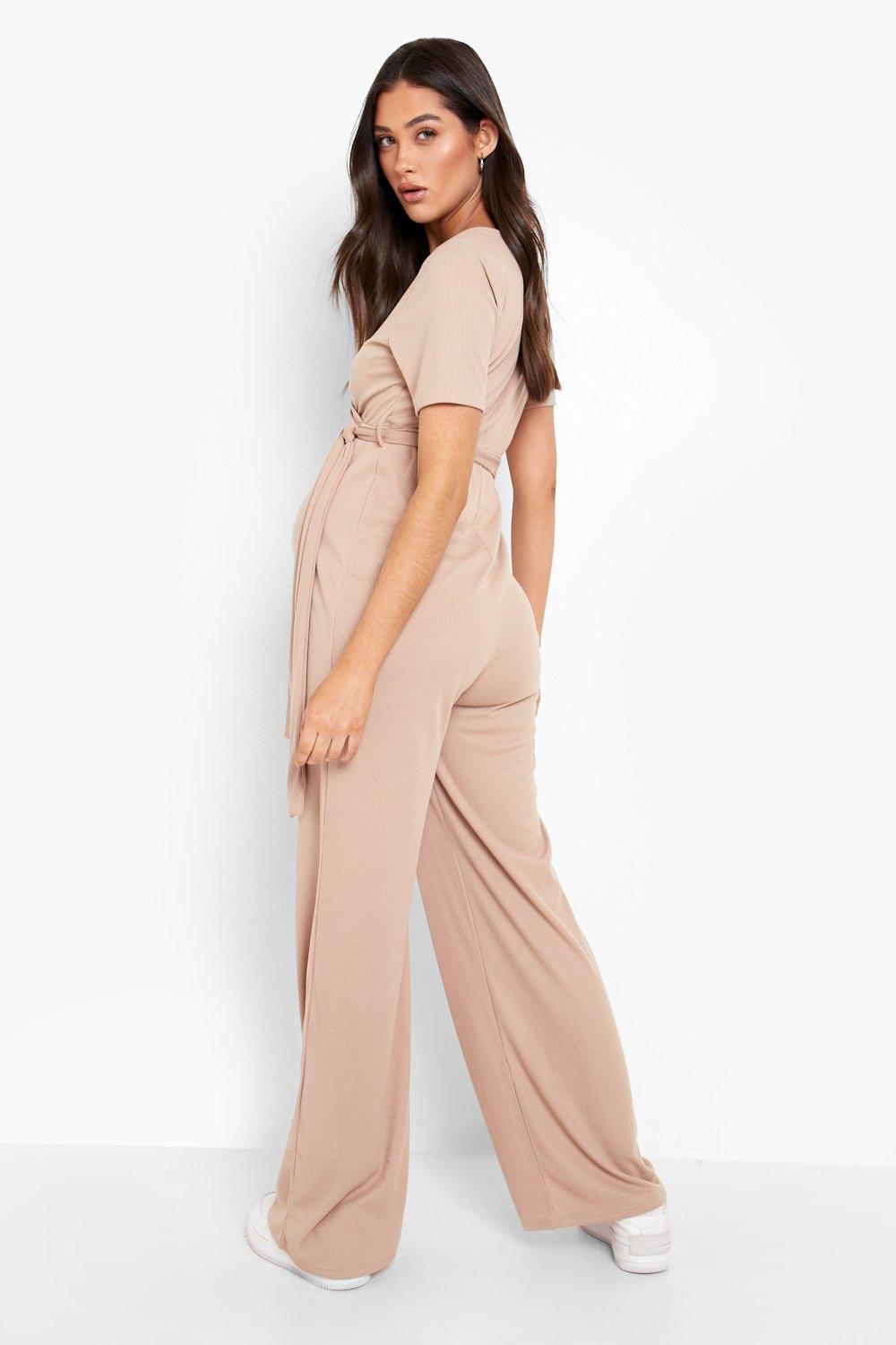 Maternity Rib Long Sleeve Wrap Belted Wide Leg Jumpsuit