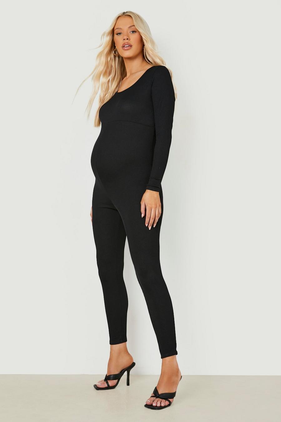 Black Maternity Rib Long Sleeve Scoop Neck Jumpsuit image number 1