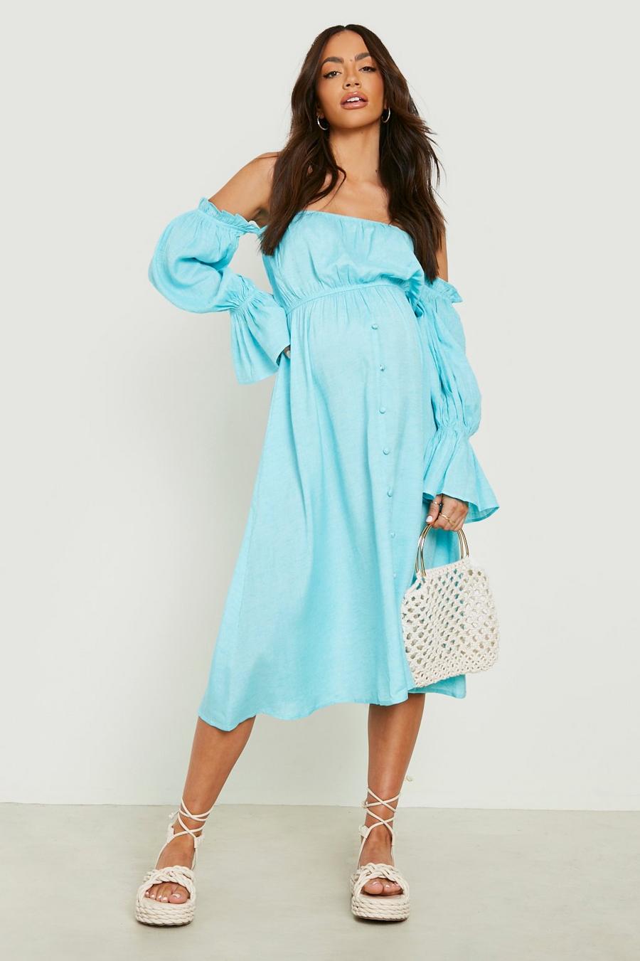 Blue Maternity Linen Bardot Puff Sleeve Midi Dress image number 1