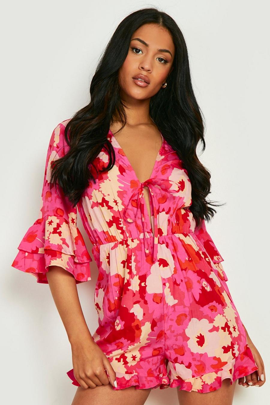 Pink Tall Floral Print Frill Detail Playsuit image number 1