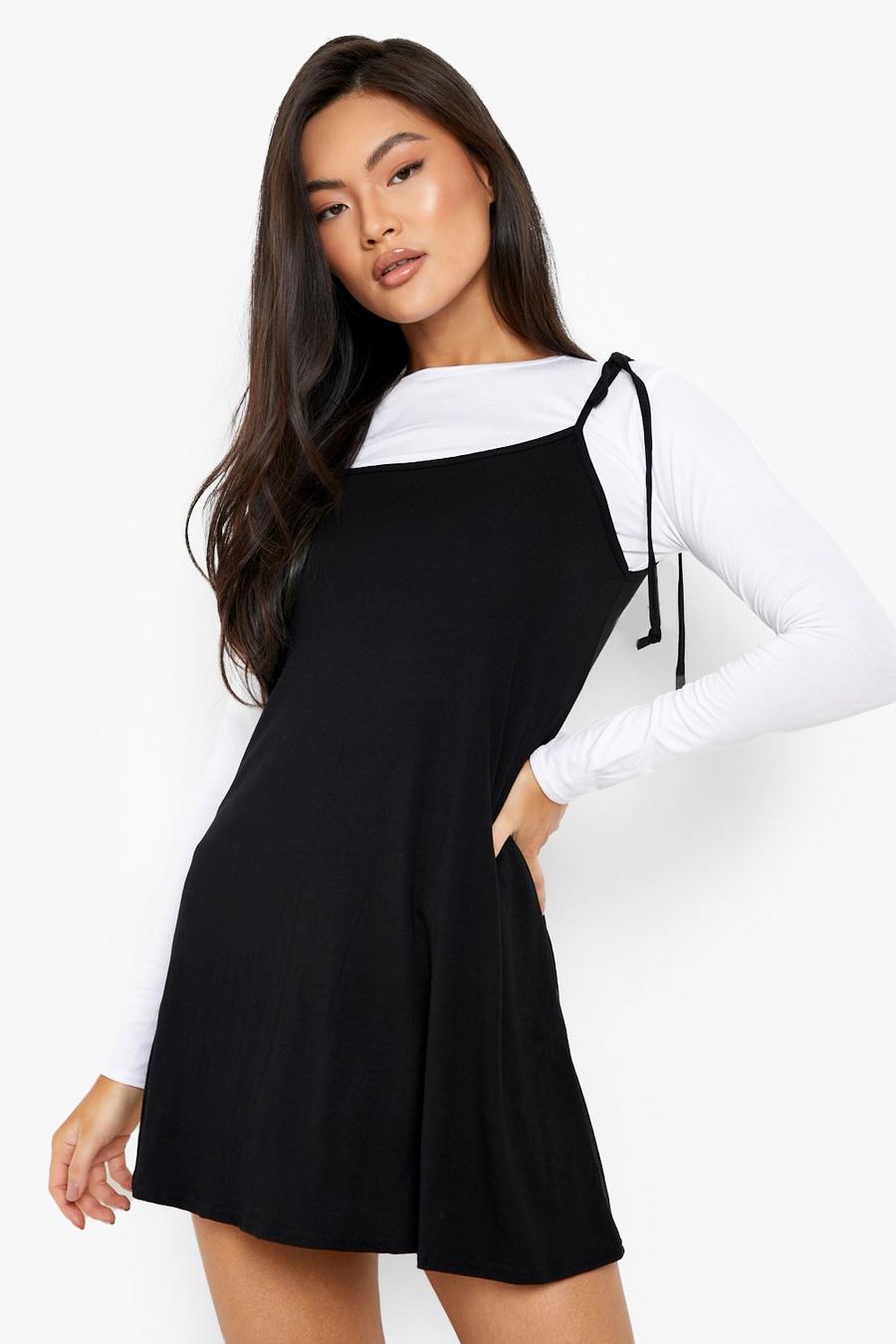Black 2 In 1 Long Sleeve Strappy Slip Dress