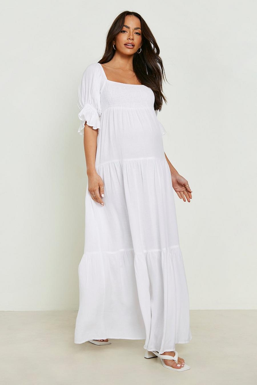Ivory Maternity Linen Shirred Tiered Midaxi Dress image number 1
