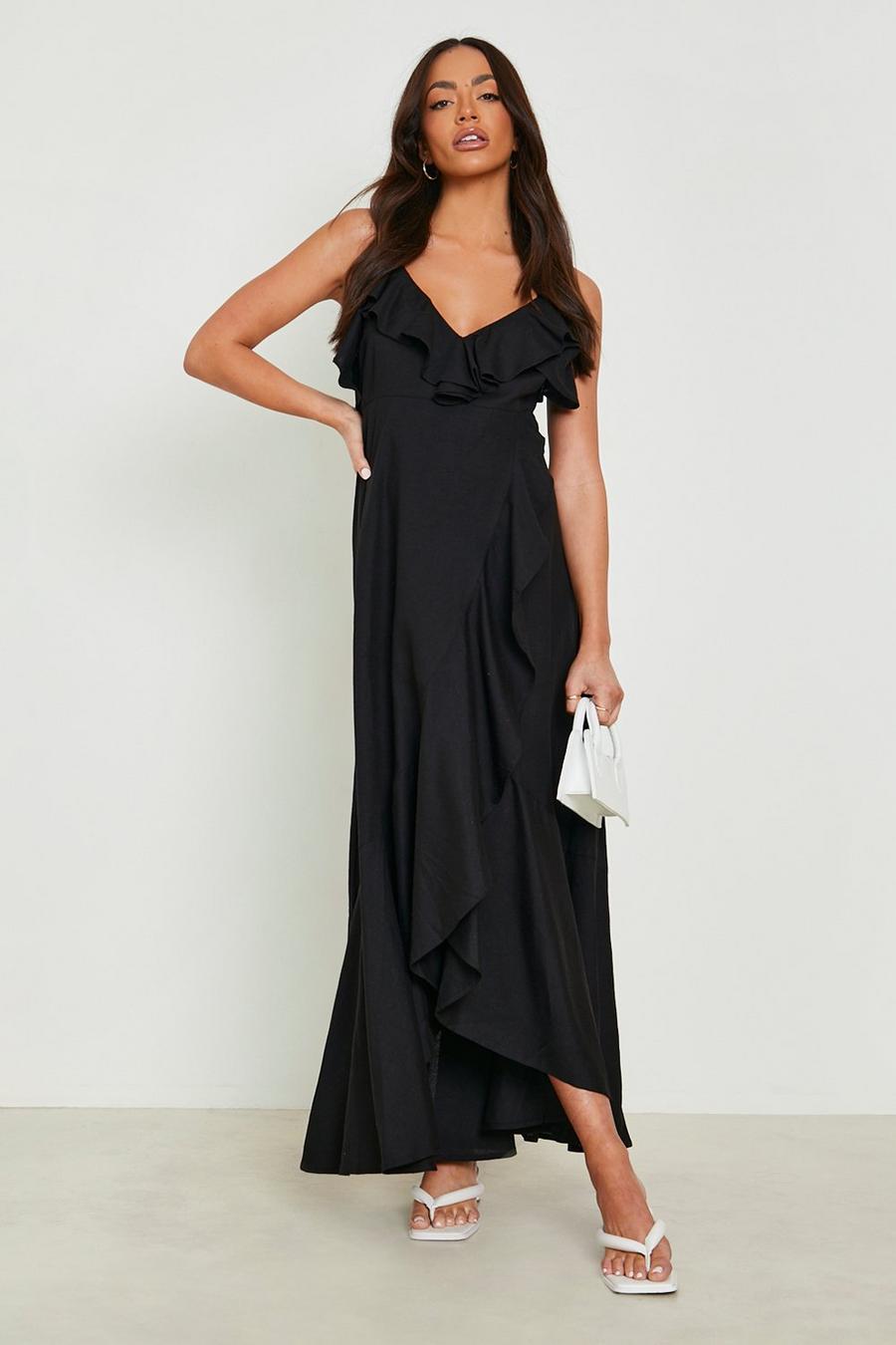Black Maternity Linen Ruffle Hem Wrap Midi Dress image number 1