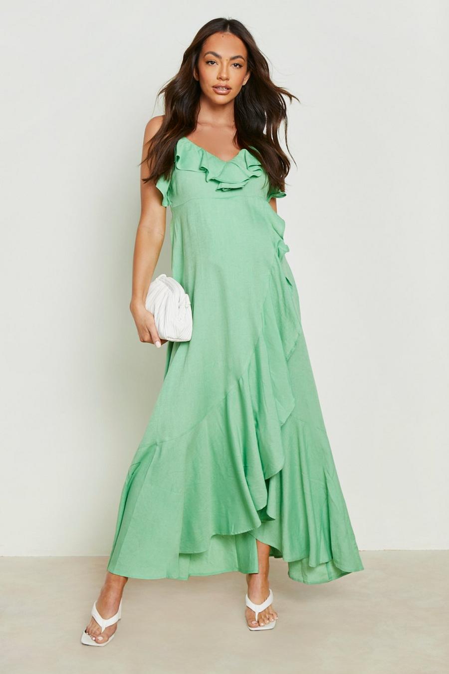 Green Maternity Linen Ruffle Hem Wrap Midaxi Dress