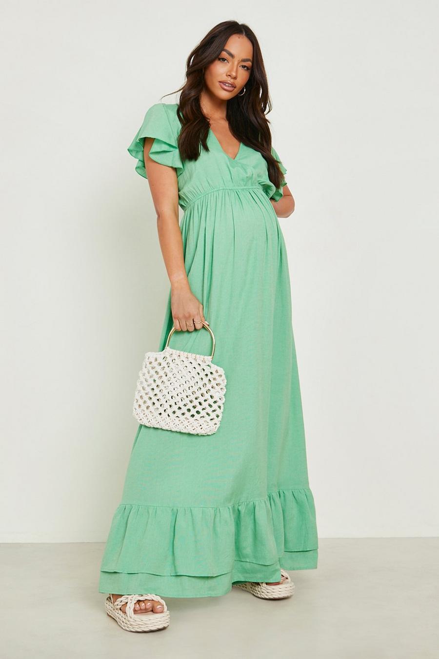 Green vert Maternity Linen Frill Hem Maxi Dress