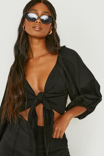 Volume Sleeve Tie Front Linen Look Crop Top black