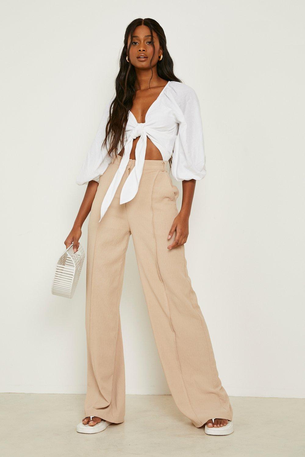 Volume Sleeve Tie Front Linen Look Crop Top