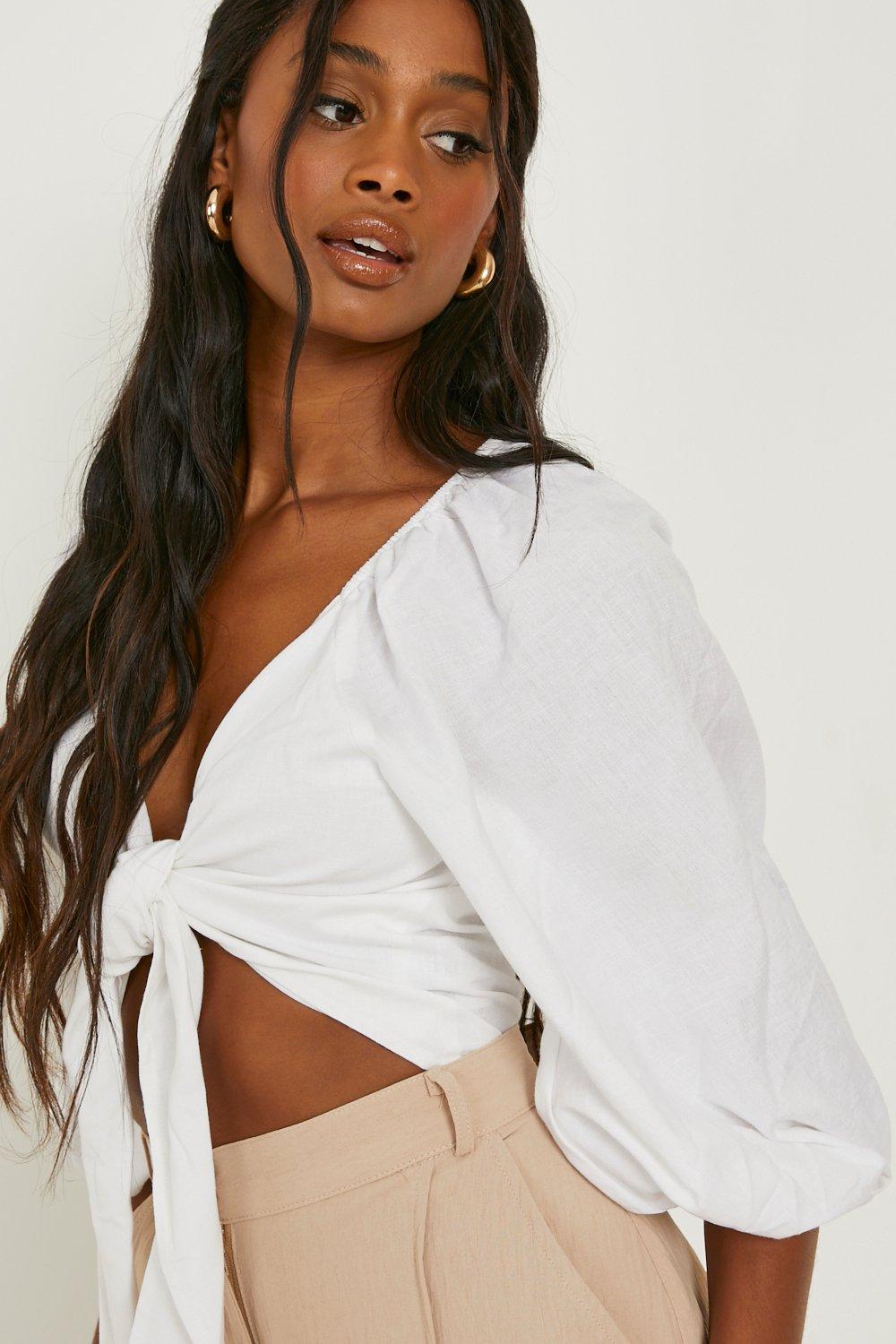 Volume Sleeve Tie Front Linen Look Crop Top