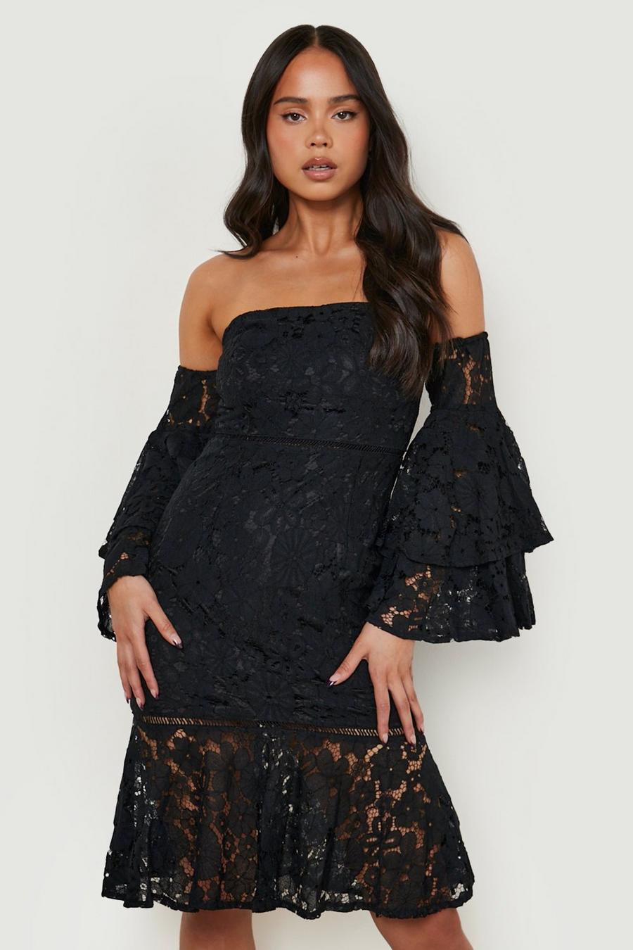 Black Petite Lace Crochet Trim Bardot Midi Dress image number 1
