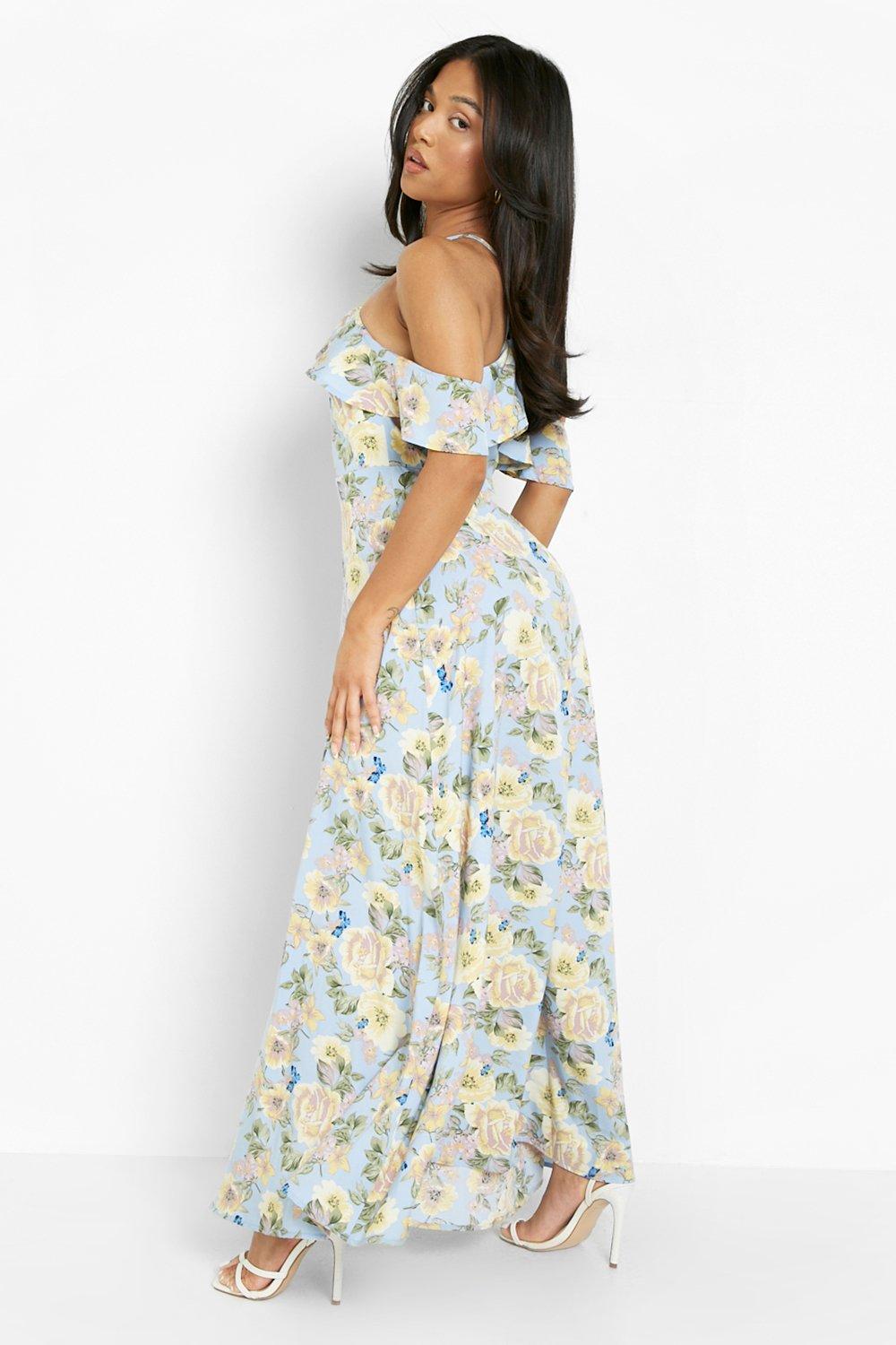 Women s Petite Floral Halter Cold Shoulder Maxi Dress Boohoo UK