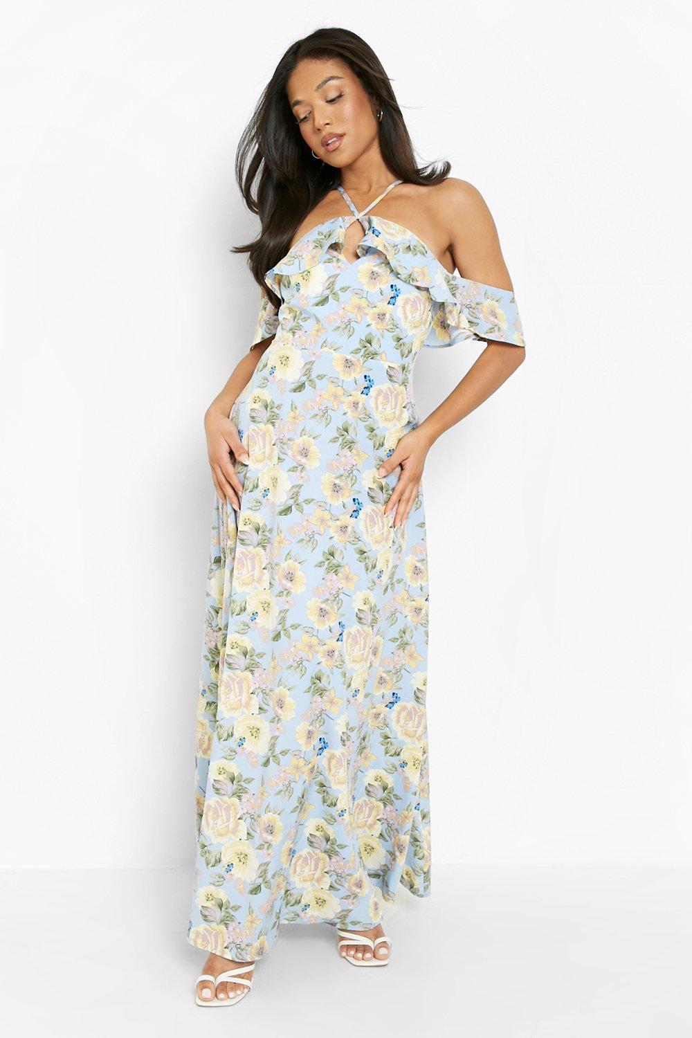 Petite Floral Halter Cold Shoulder Maxi Dress boohoo