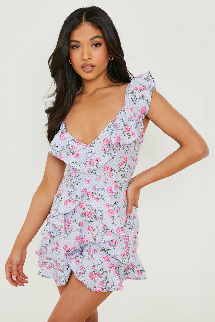 Pale blue Petite Ditsy Spot Floral Ruffle Romper image number 1
