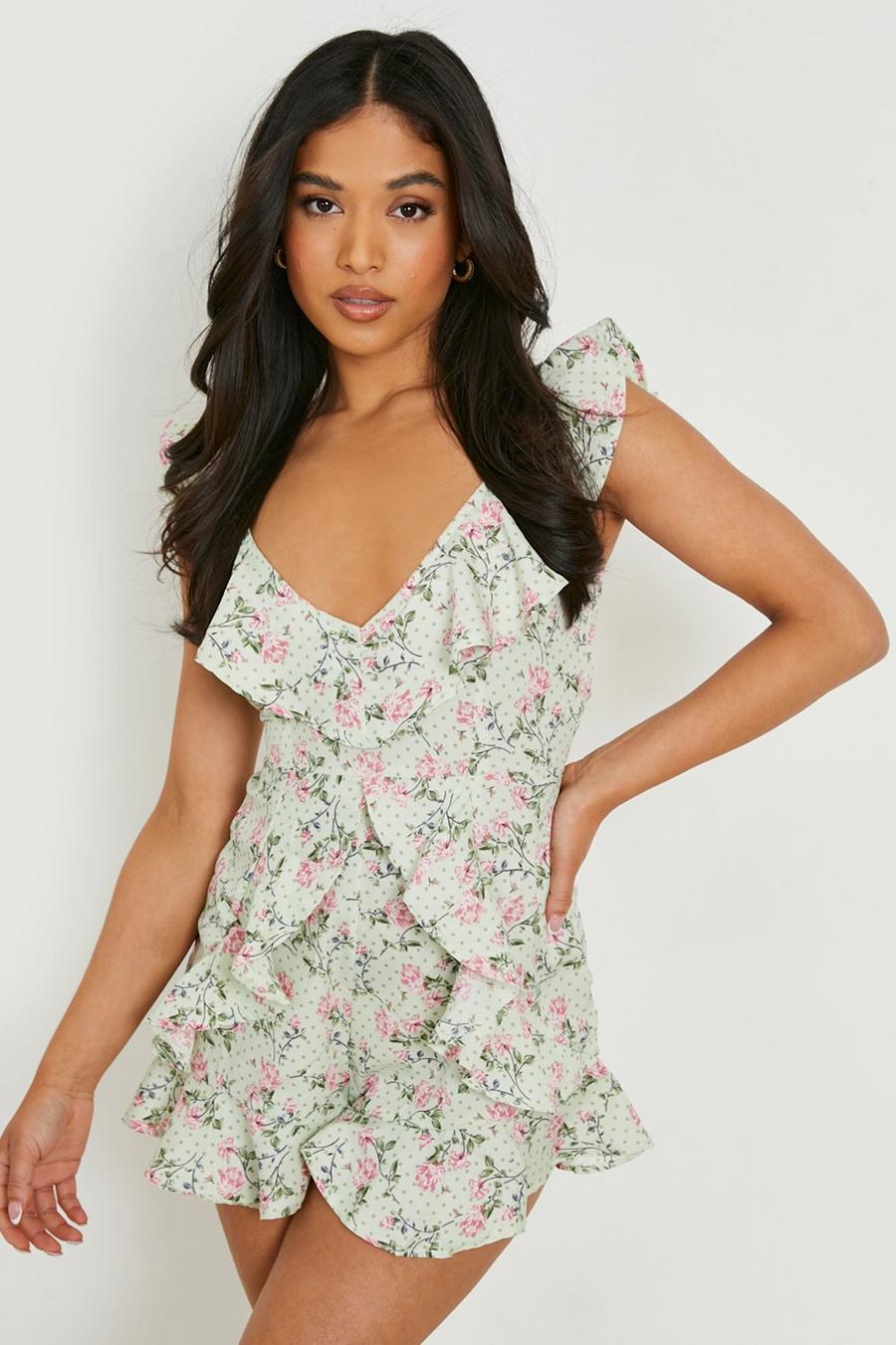Sage Petite Ditsy Spot Floral Ruffle Romper image number 1
