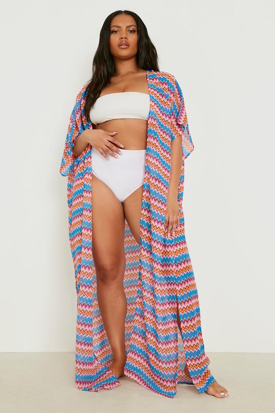 Grande taille - Kimono de plage à imprimé zigzag, Multi image number 1