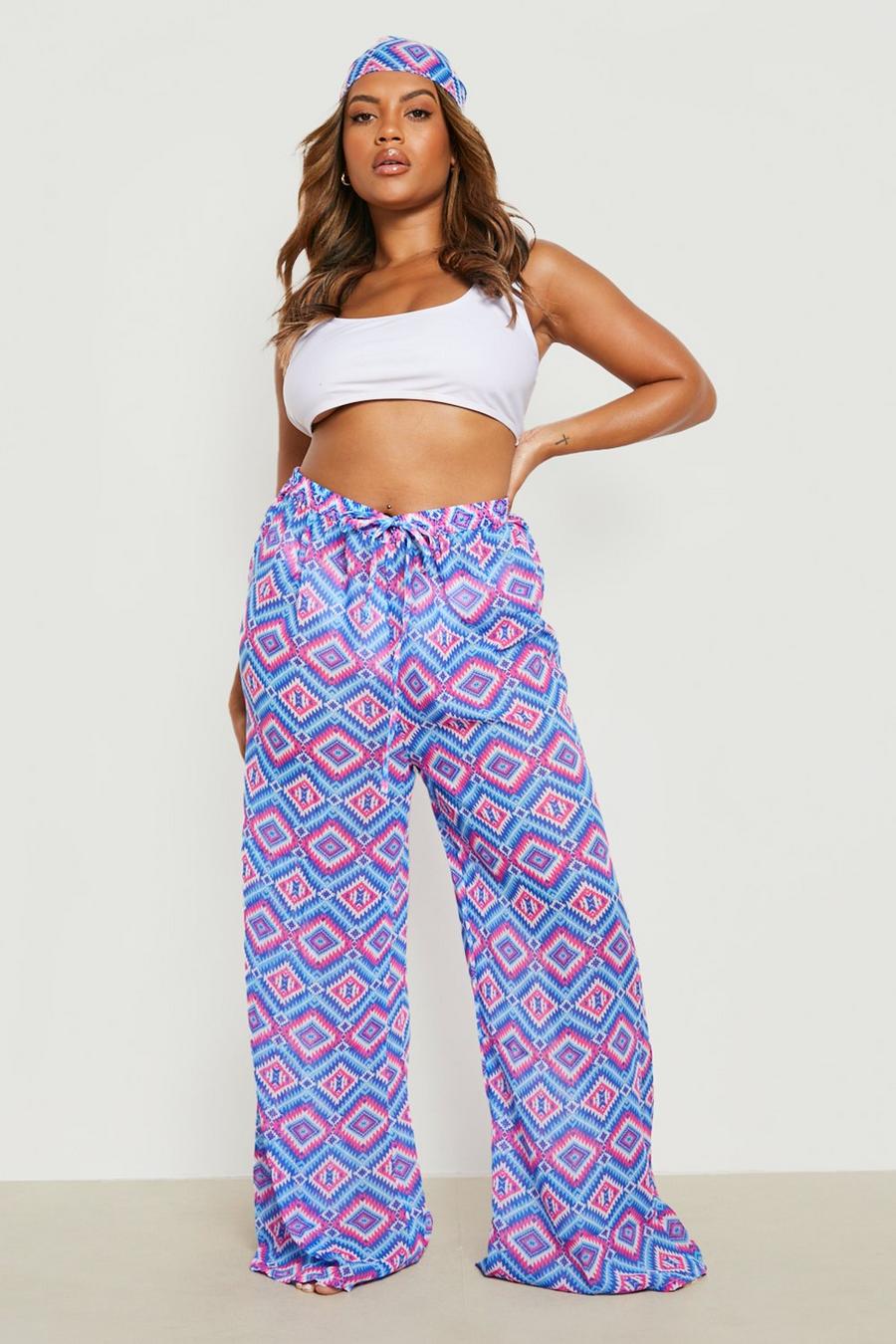 Blue Plus Geo Aztec Beach Trousers & Hair Band image number 1