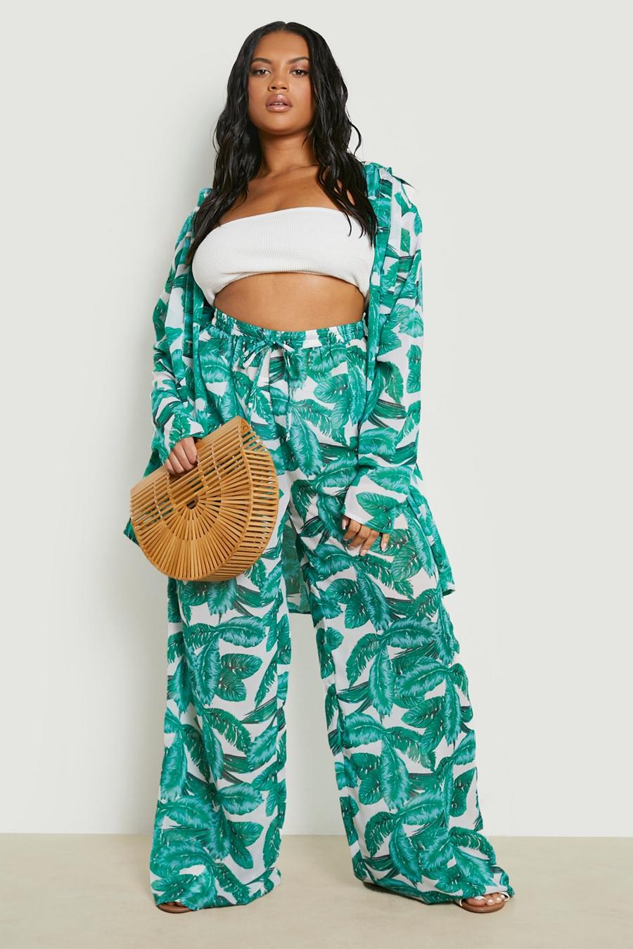 Green Plus Palm Print Beach Trousers image number 1