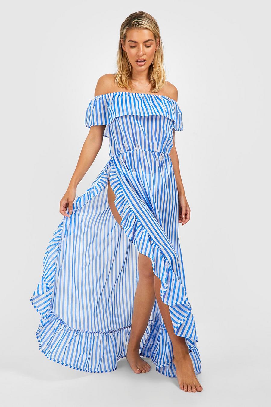 Blue Nautical Stripe Bardot Split Maxi Beach Dress image number 1