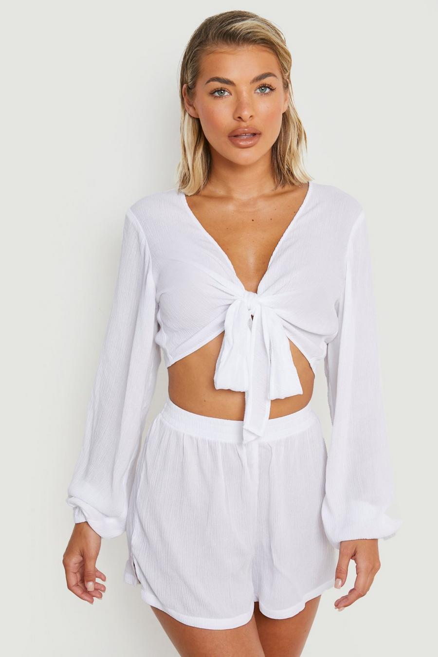 White Crinkle Top & Short Beach Co-ord image number 1