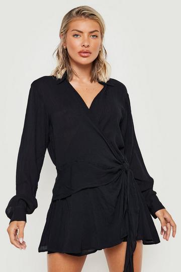 Black Crinkle Tie Knot Wrap Beach Dress