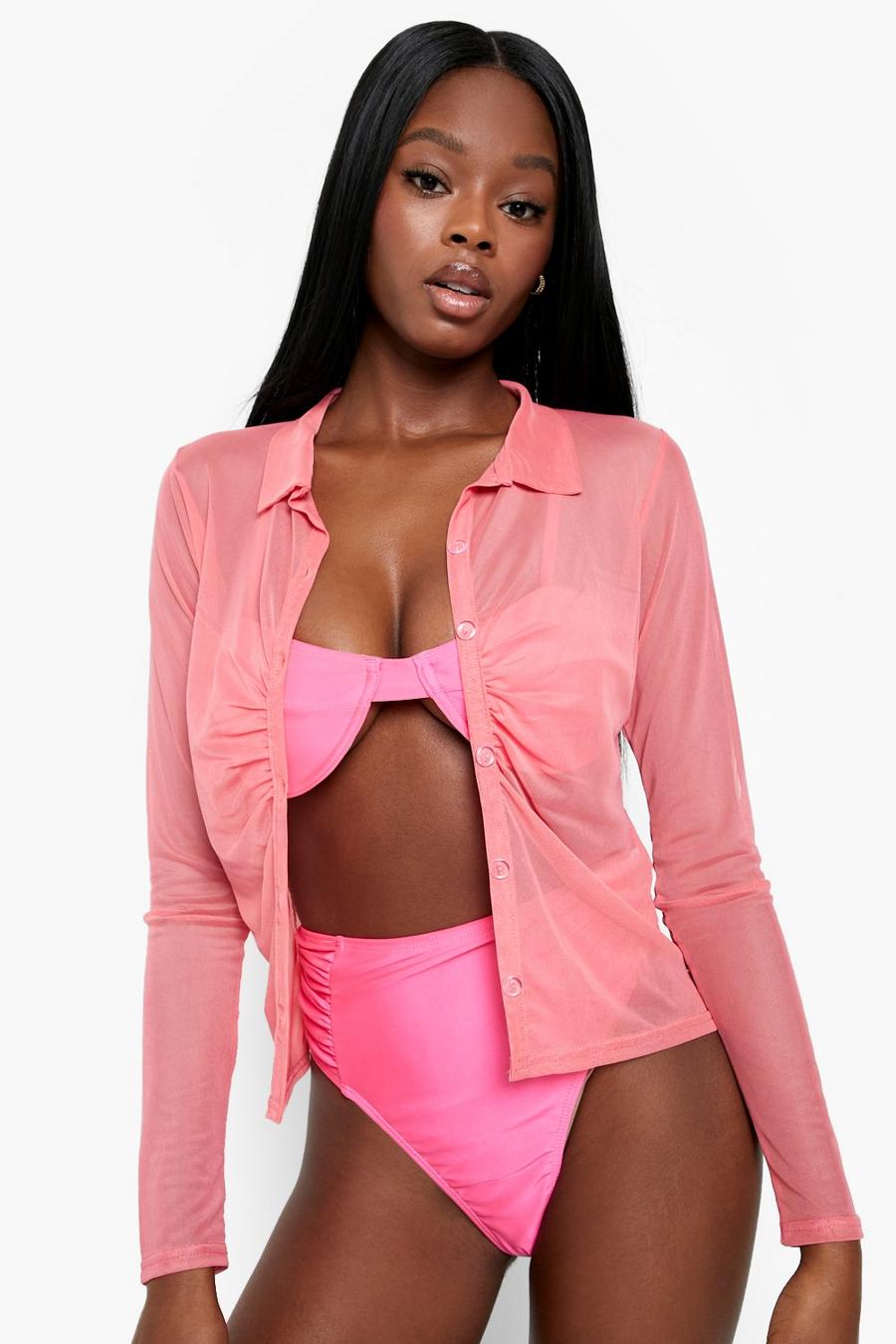 Camisa para la playa de malla color fosforito, Neon-pink rosa