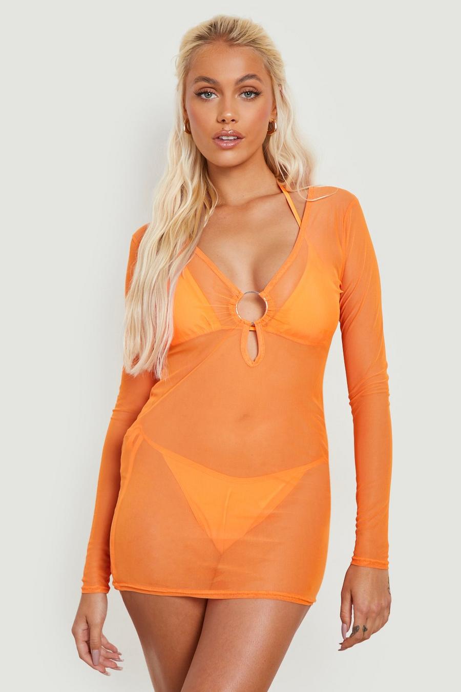 Robe courte de plage en mesh à anneau, Neon-orange image number 1