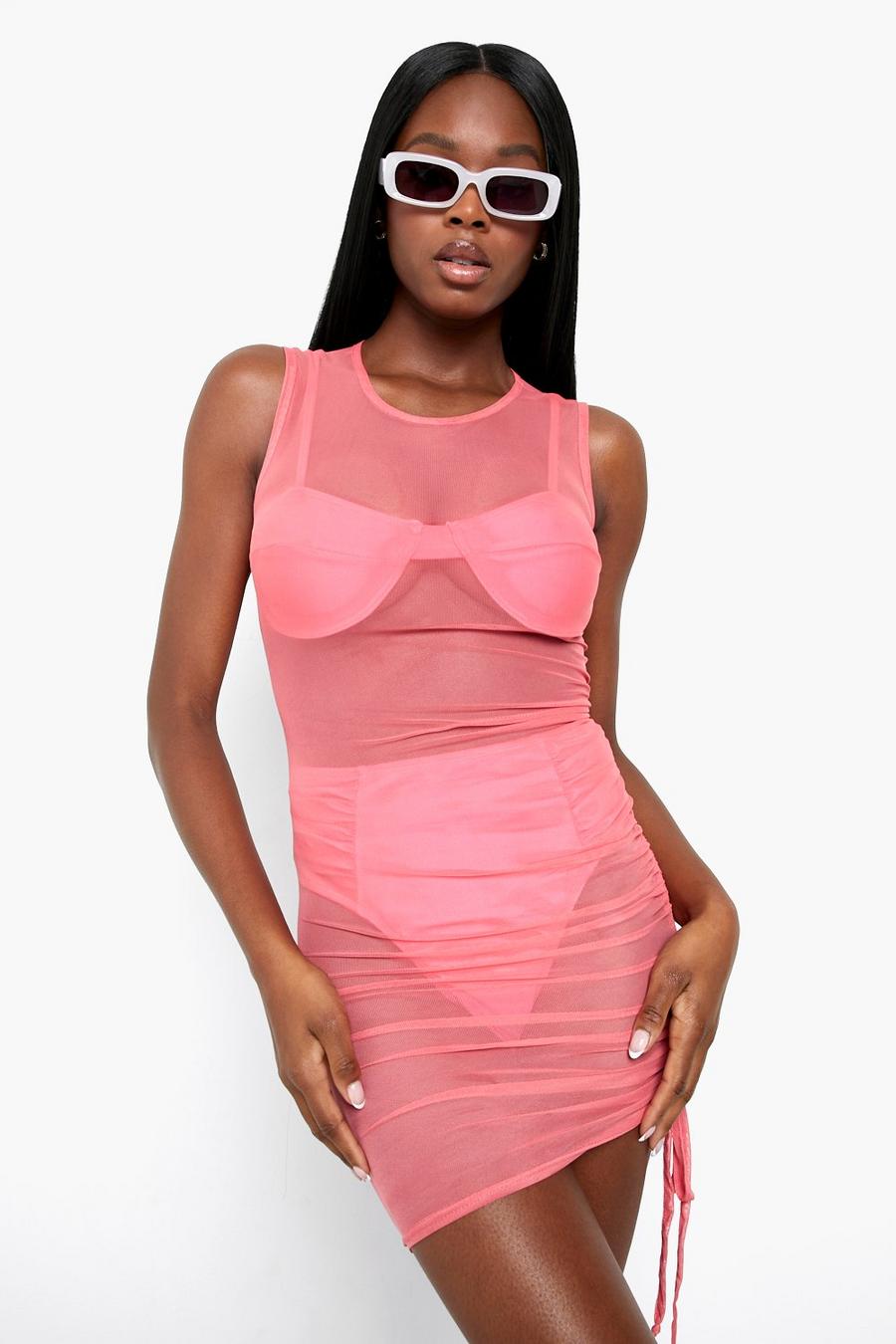 Neon-pink Neon Ruched Mesh Mini Beach Dress