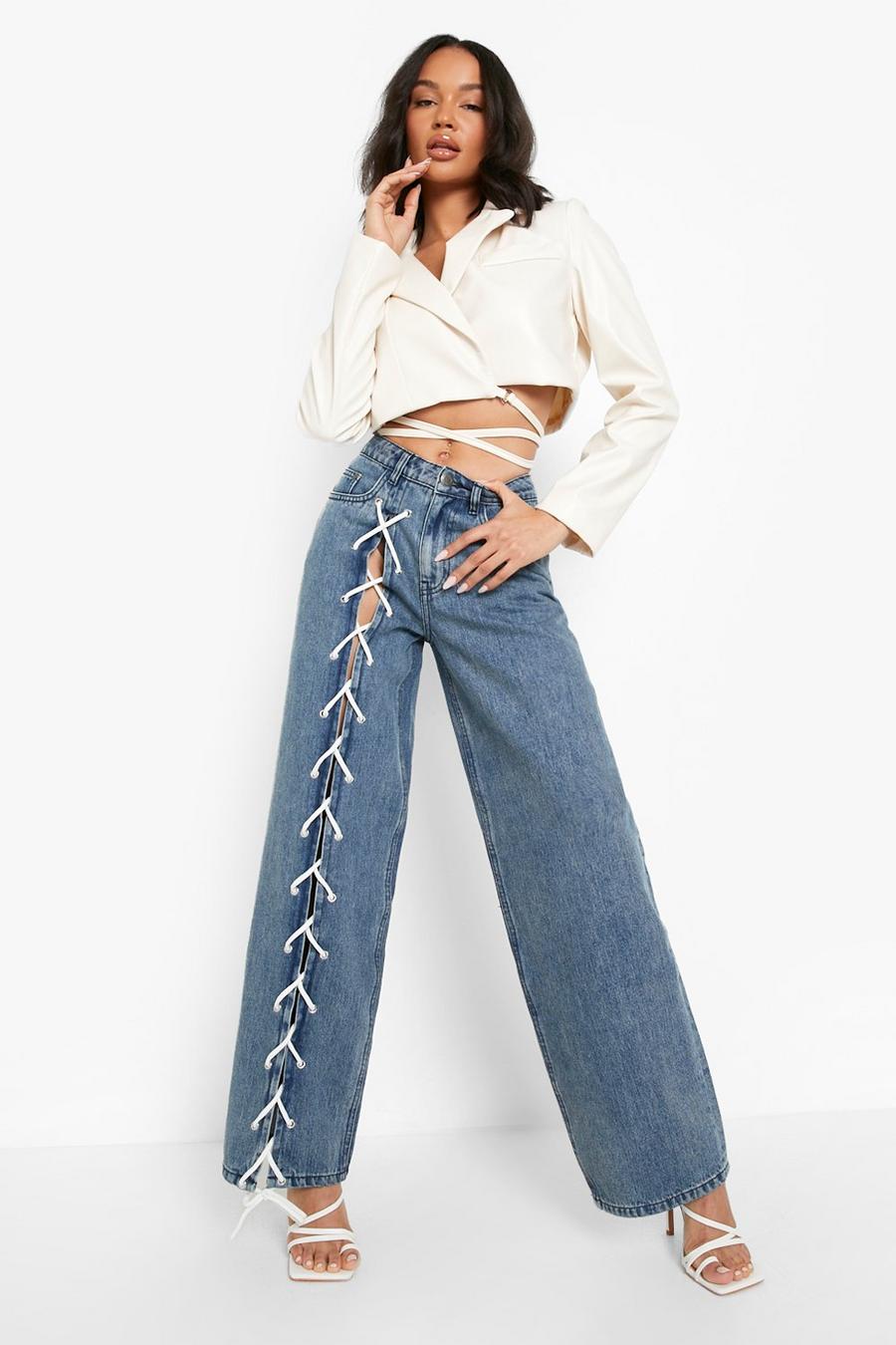 Geschnürte Shaper-Jeans mit weitem Bein, Mid blue image number 1