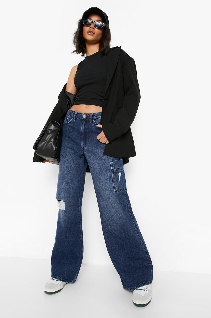 Mid blue Shaper Rigid Cargo Flared Jeans image number 1